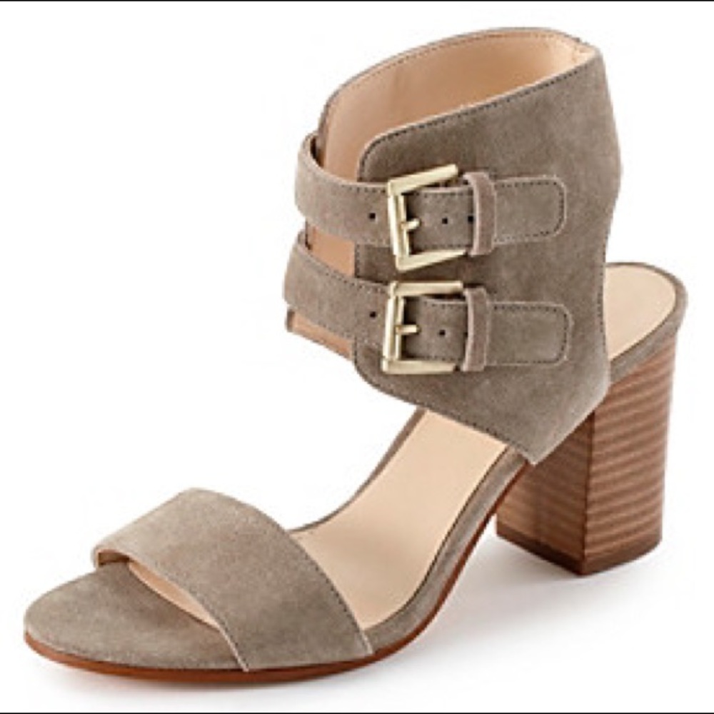 Nine West Galiceno Double Ankle Strap Sandals Genuine Suede Taupe Block Heels